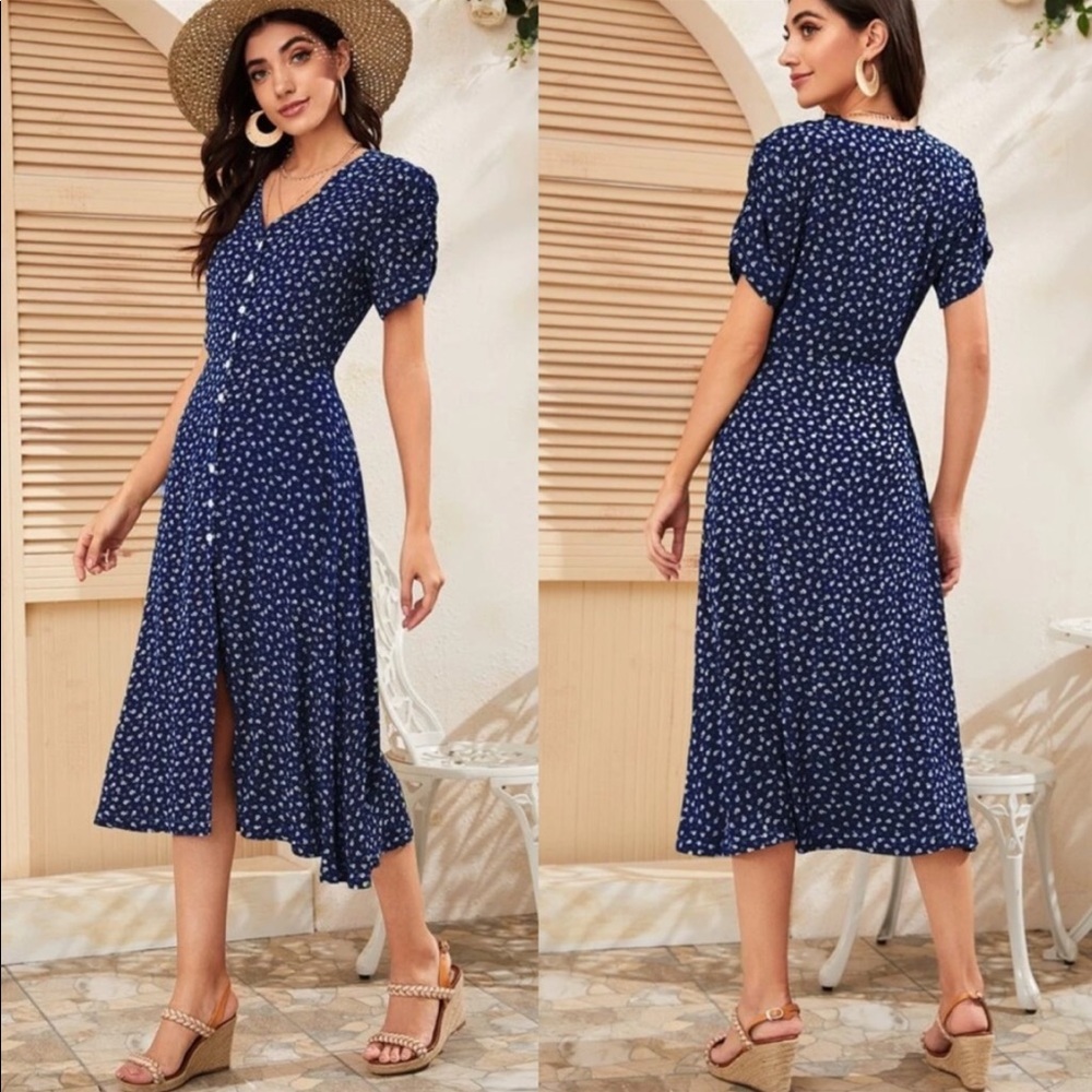 Boho floral print button through midi dress - Picture 2 of 3
